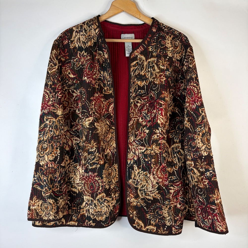 Catherines Quilted Jacket Women 3X Multicolor Paisley Floral Open Front Boho